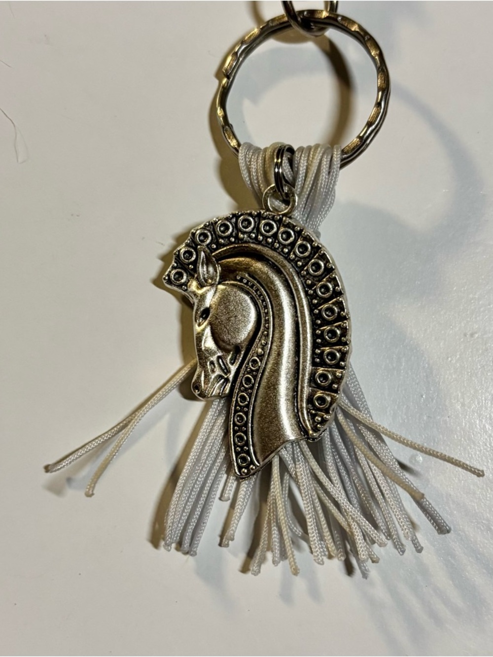 Handcrafted Silver Horse Head Keychain with Grey Tassel
